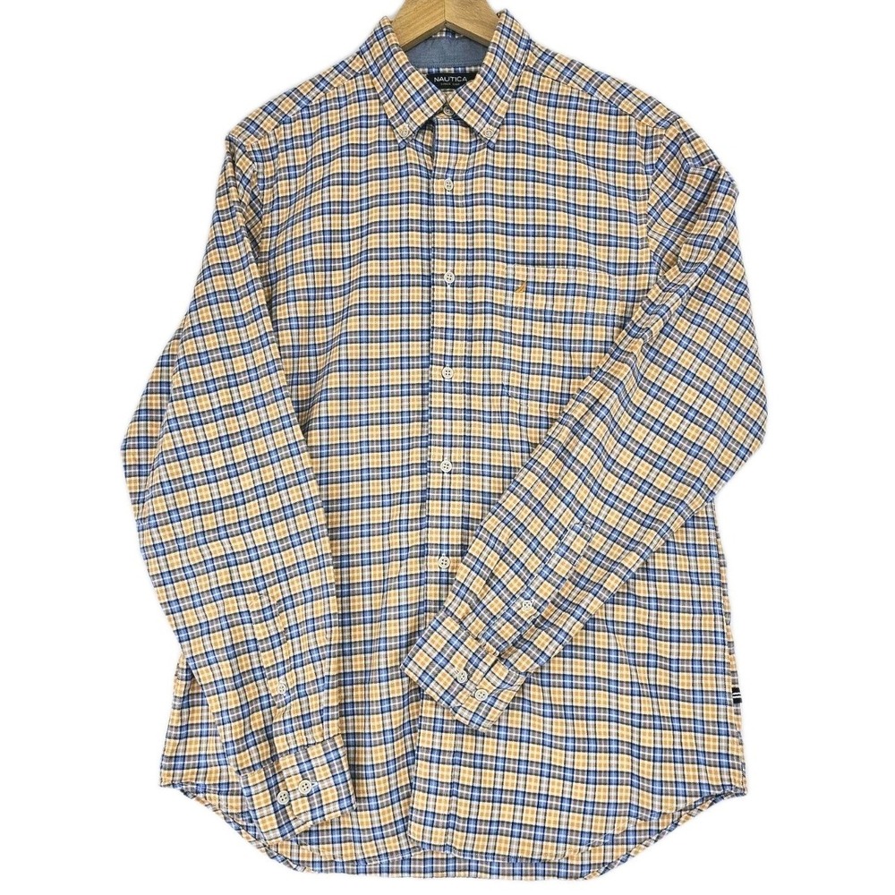 Nautica Classic Fit Mens M Orange Blue Plaid Button Up Long Sleeve Dress Shirt - Picture 3 of 7